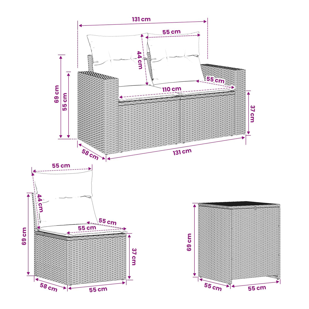 vidaXL Bankstel 5 st Zwart Poly Rattan en Staal