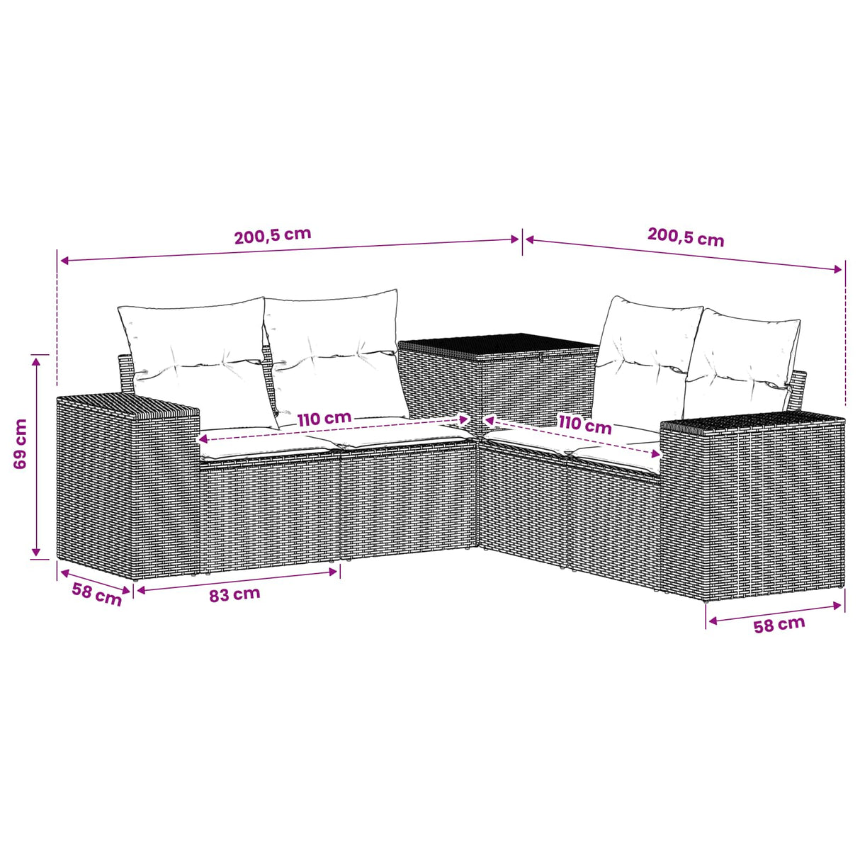 vidaXL Bankstel 5 st Zwart Poly Rattan en Staal
