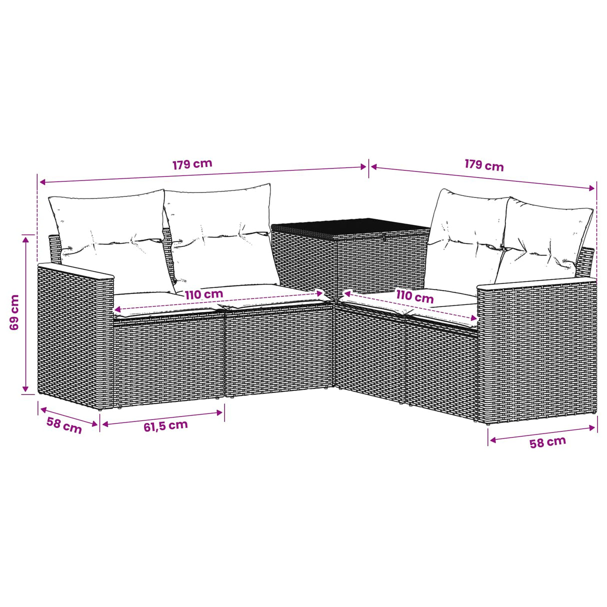 vidaXL Bankstel 5 st Zwart Poly Rattan en Staal