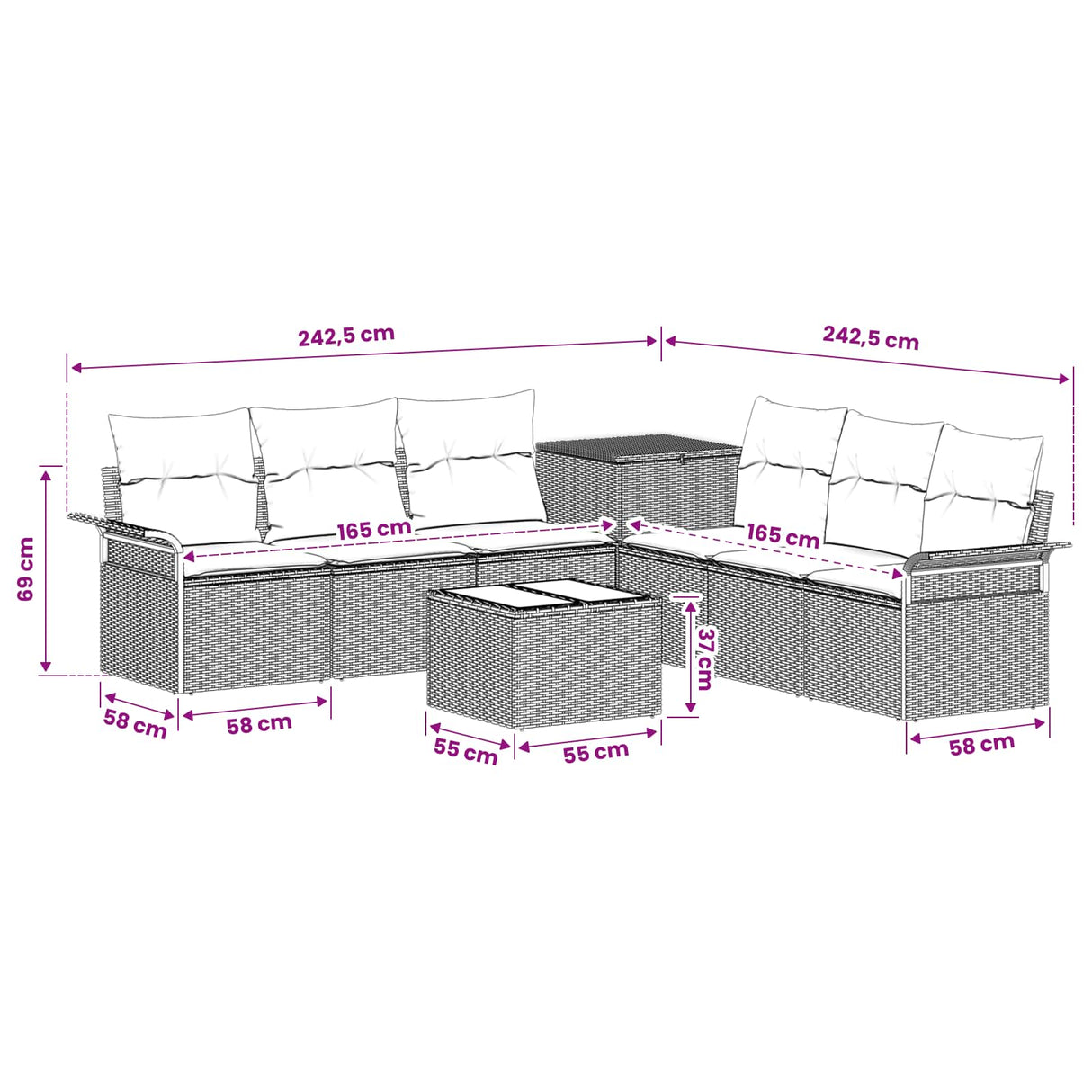 vidaXL Bankstel 8 st Zwart Poly Rattan en Staal