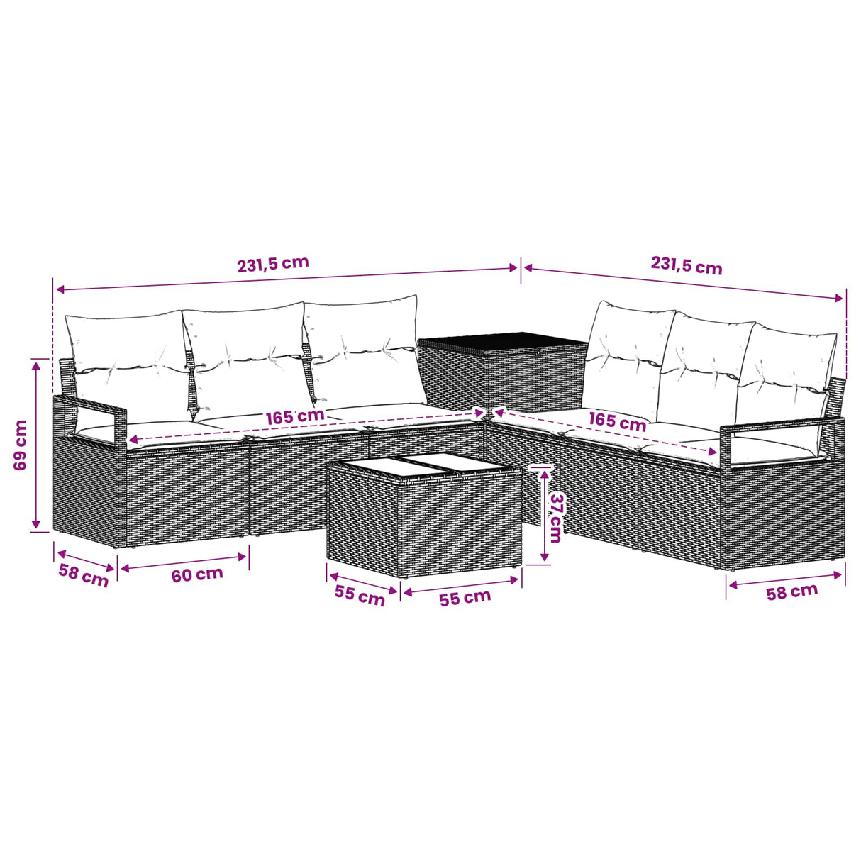 vidaXL Bankstel 8 st Zwart Poly Rattan en Staal