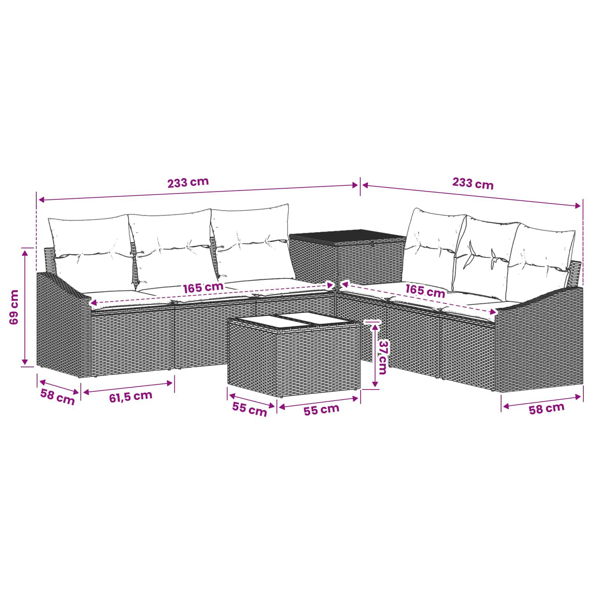 vidaXL Bankstel 8 st Zwart Poly Rattan en Staal