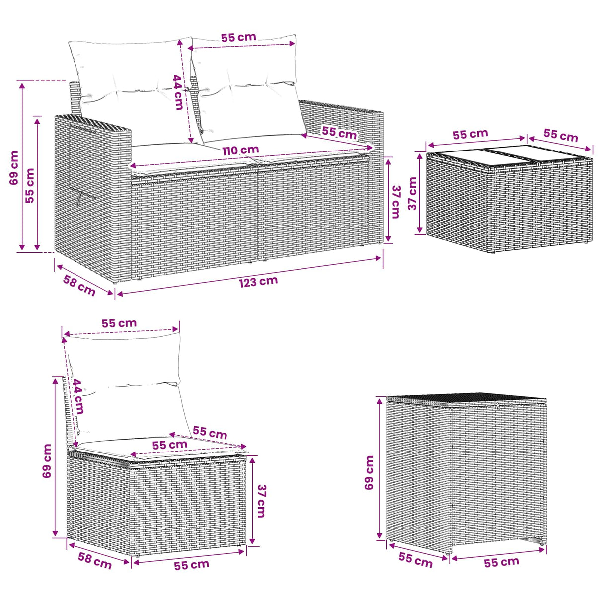 vidaXL Bankstel 8 st Zwart Poly Rattan en Staal