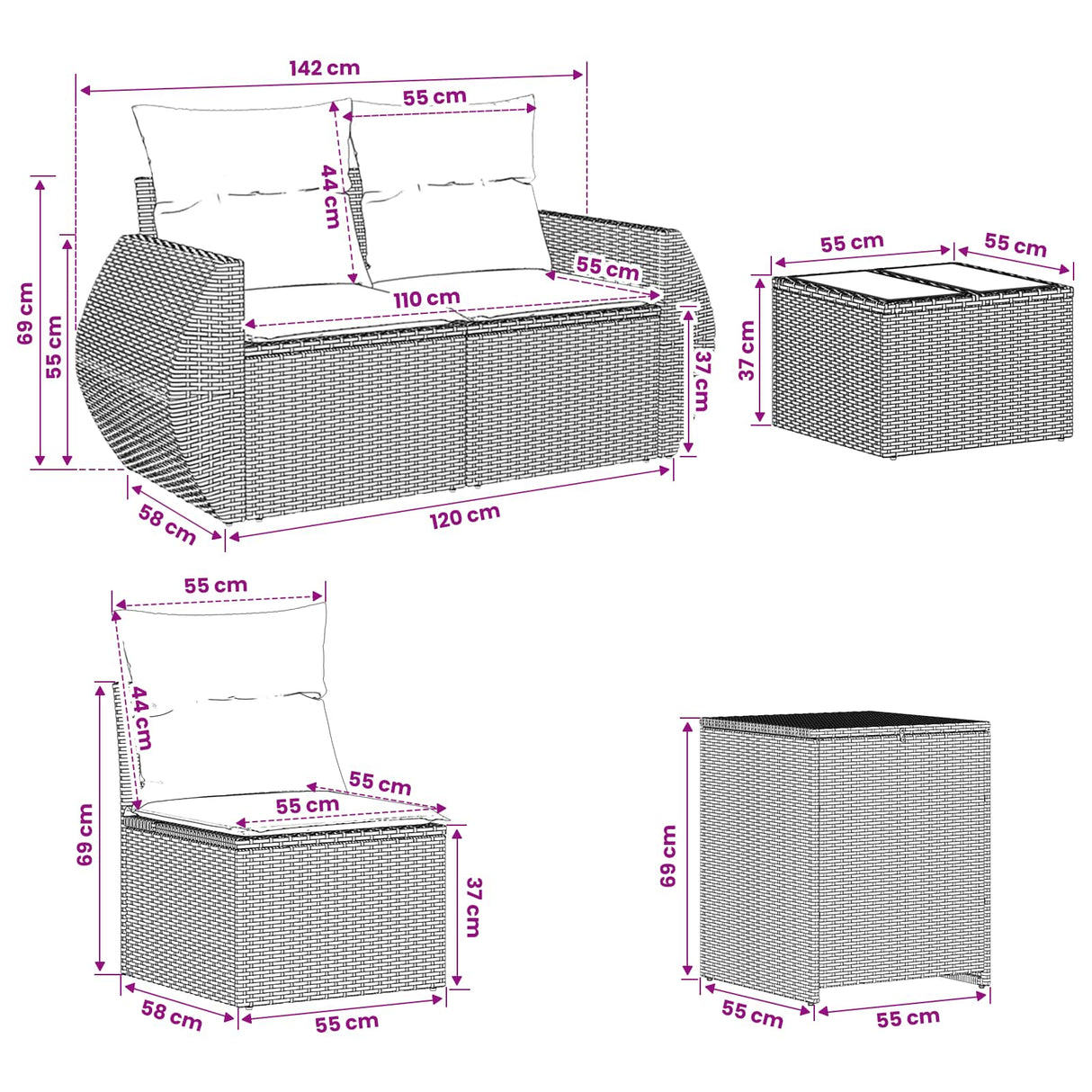 vidaXL Bankstel 8 st Zwart Poly Rattan en Staal