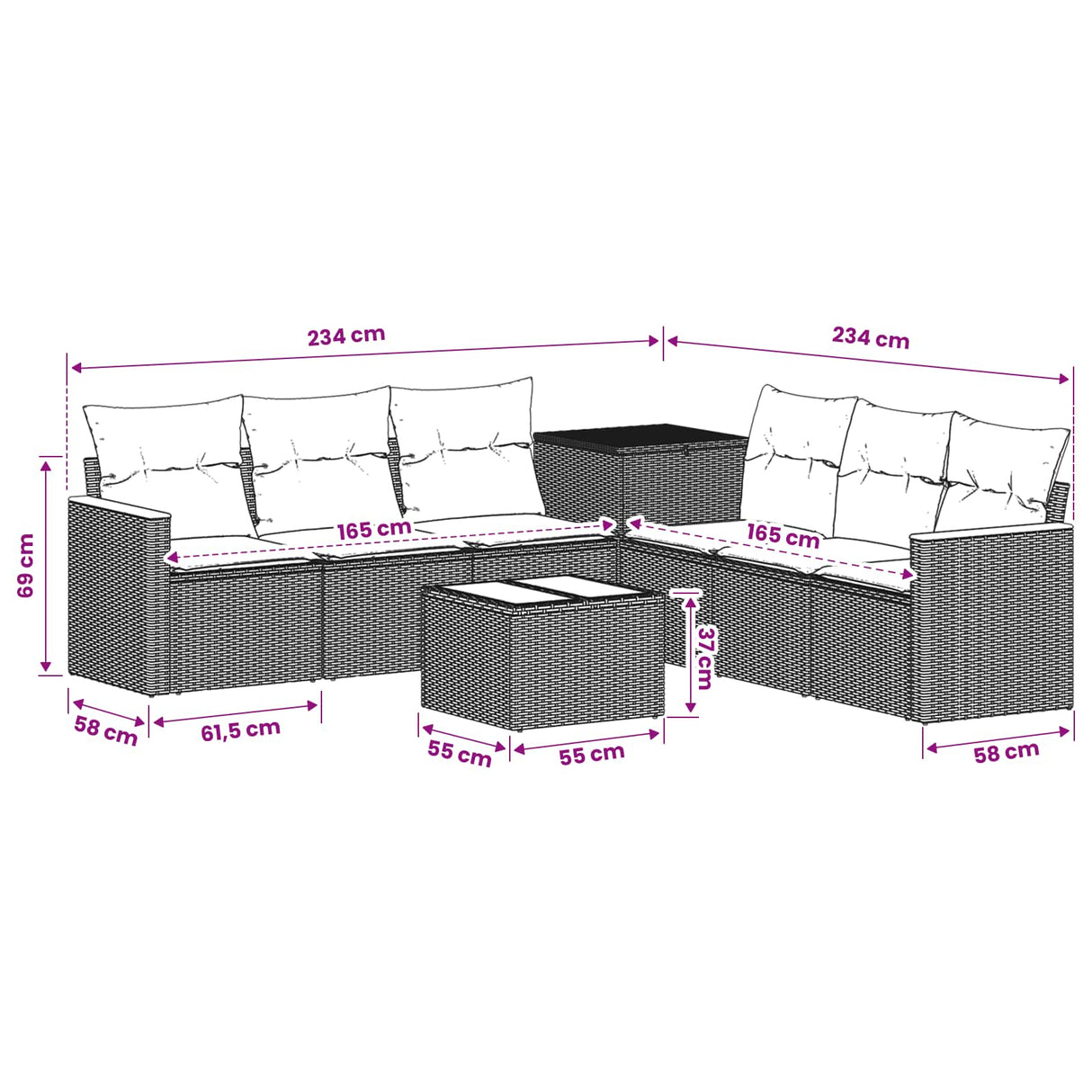 vidaXL Bankstel 8 st Zwart Poly Rattan en Staal