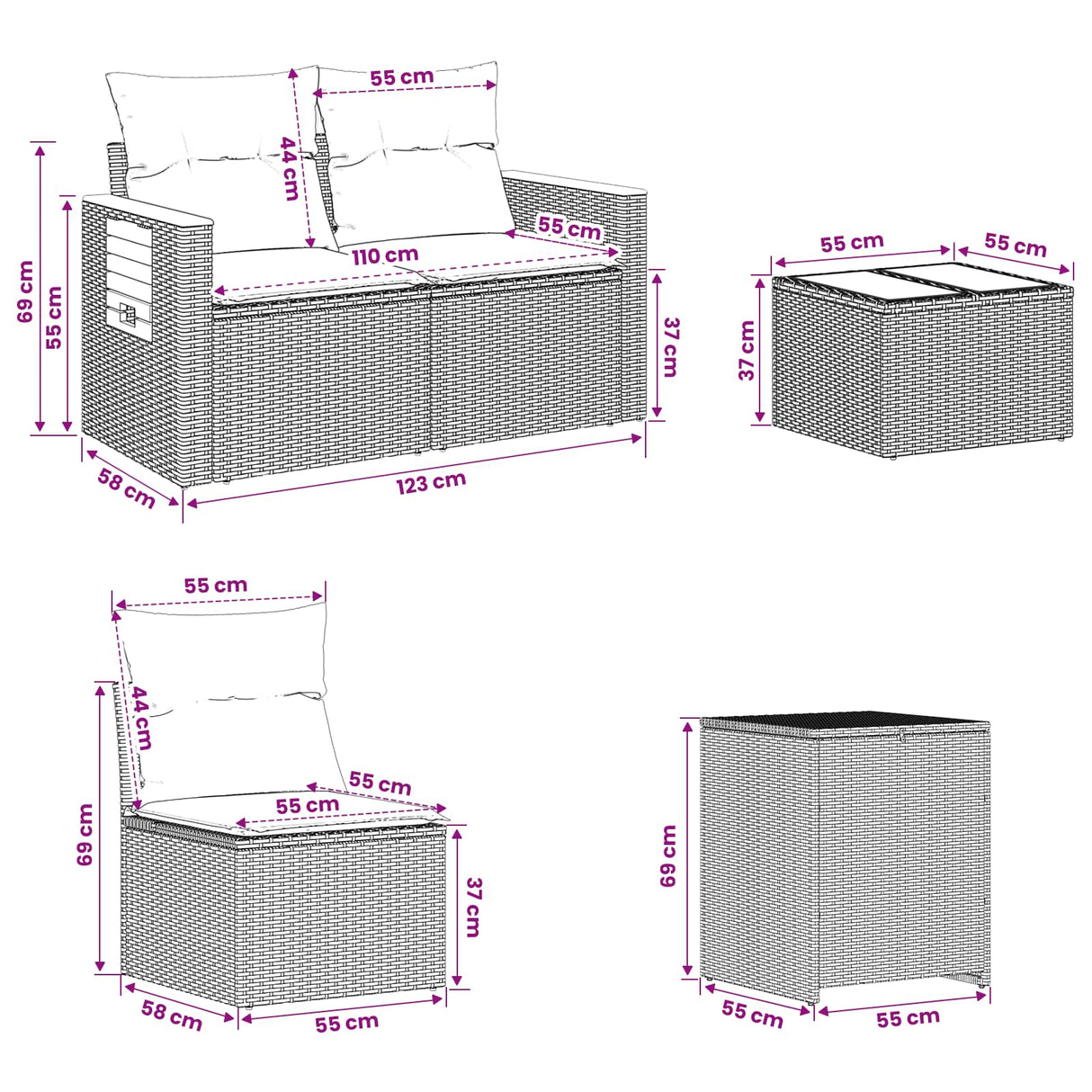 vidaXL Bankstel 8 st Zwart Poly Rattan en Staal