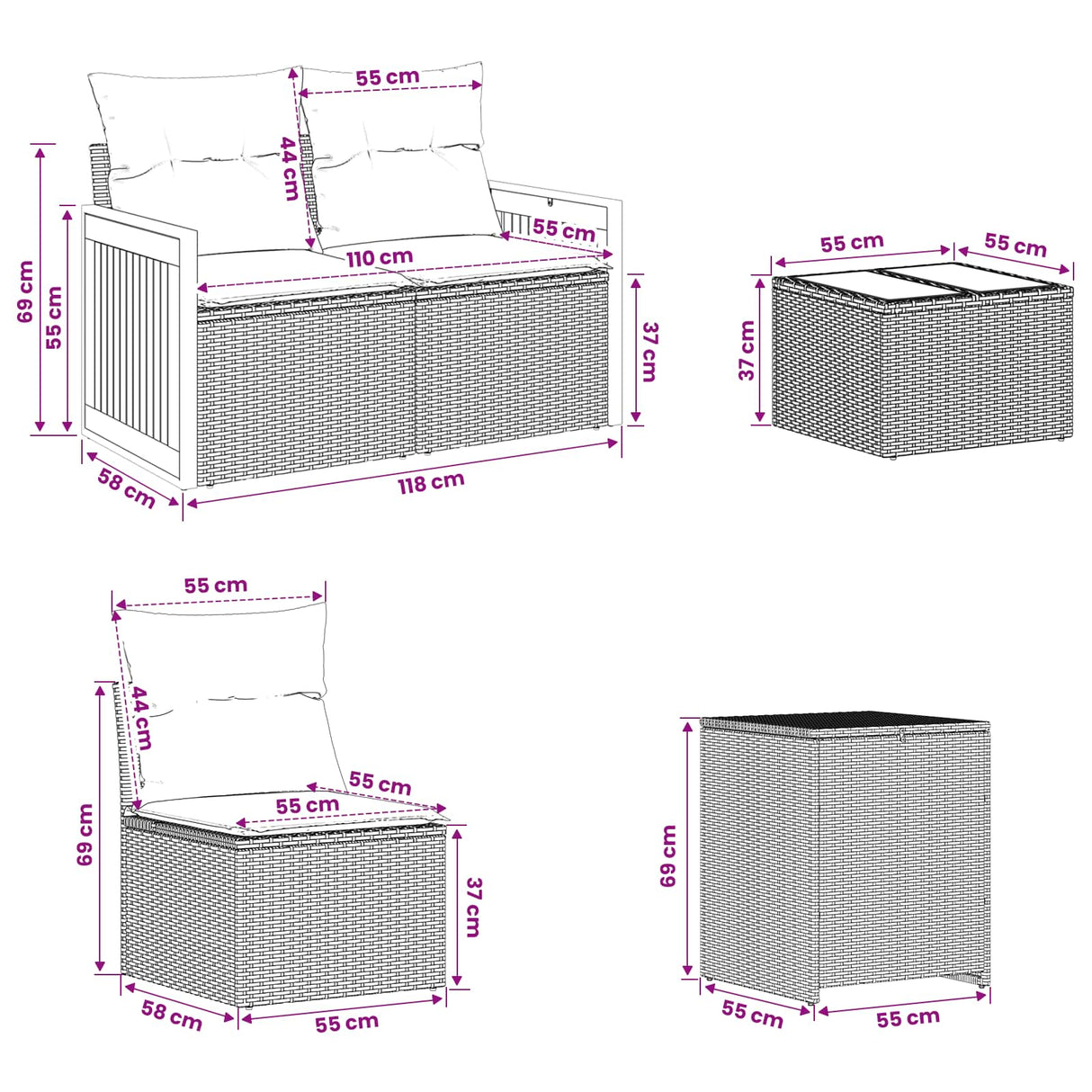 vidaXL Bankstel 8 st Zwart Poly Rattan en Staal