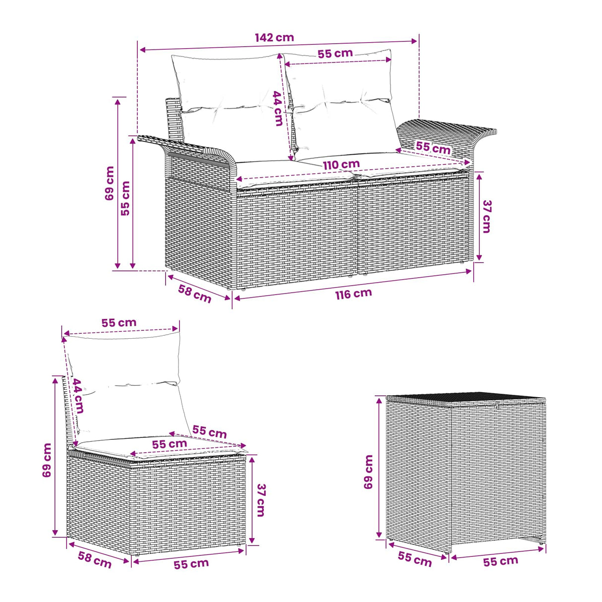 vidaXL Bankstel 7 st Zwart Poly Rattan en Staal