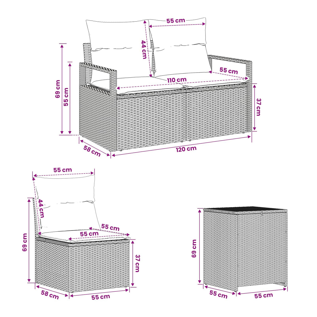 vidaXL Bankstel 7 st Zwart Poly Rattan en Staal