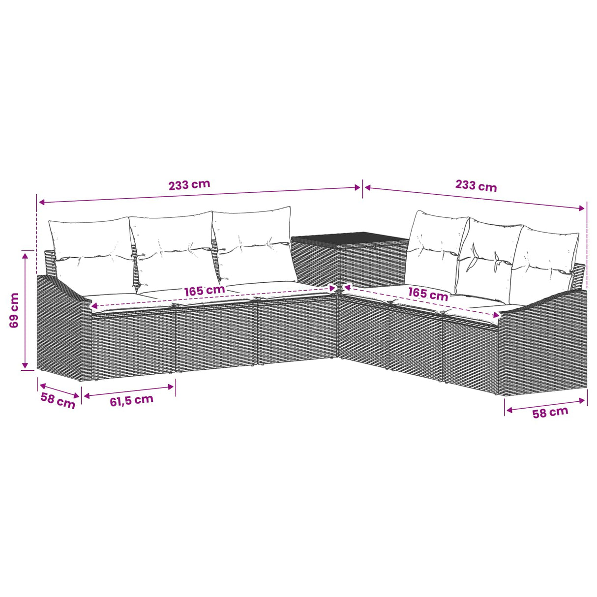 vidaXL Bankstel 7 pcs Zwart Poly Rattan en Staal