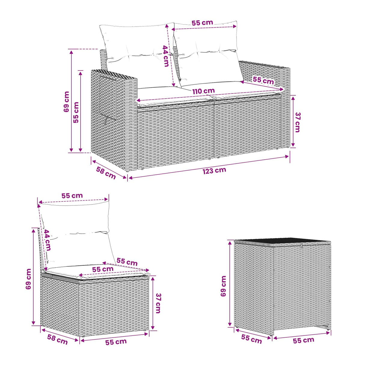 vidaXL Bankstel 7 pcs Zwart Poly Rattan en Staal