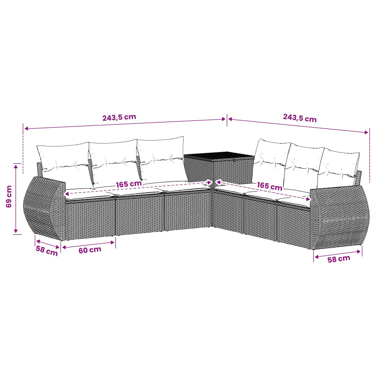 vidaXL Bankstel 7 pcs Zwart Poly Rattan en Staal
