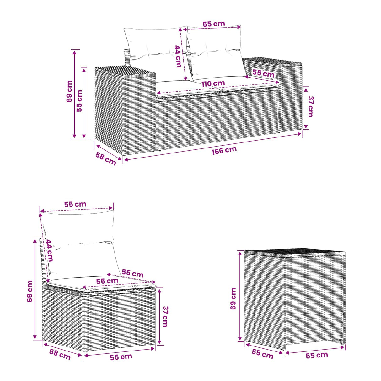 vidaXL Bankstel 7 pcs Zwart Poly Rattan en Staal