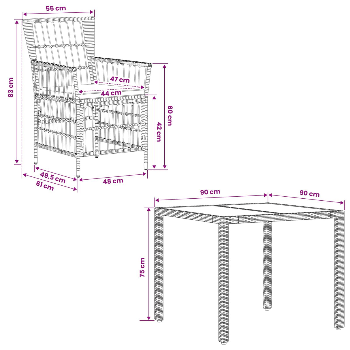 vidaXL Buiten Eettafel Set 3 st Zwart poly rattan