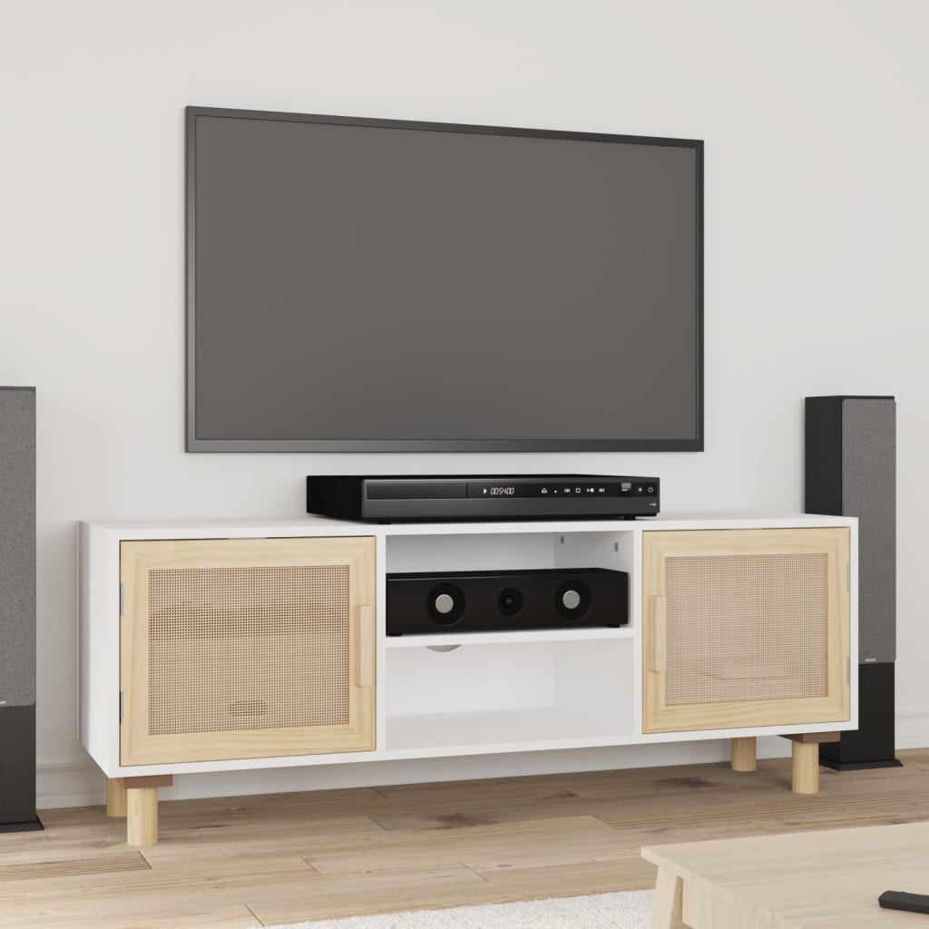 vidaXL TV cabinet 105x30x40 cm solid pine wood and rattan white