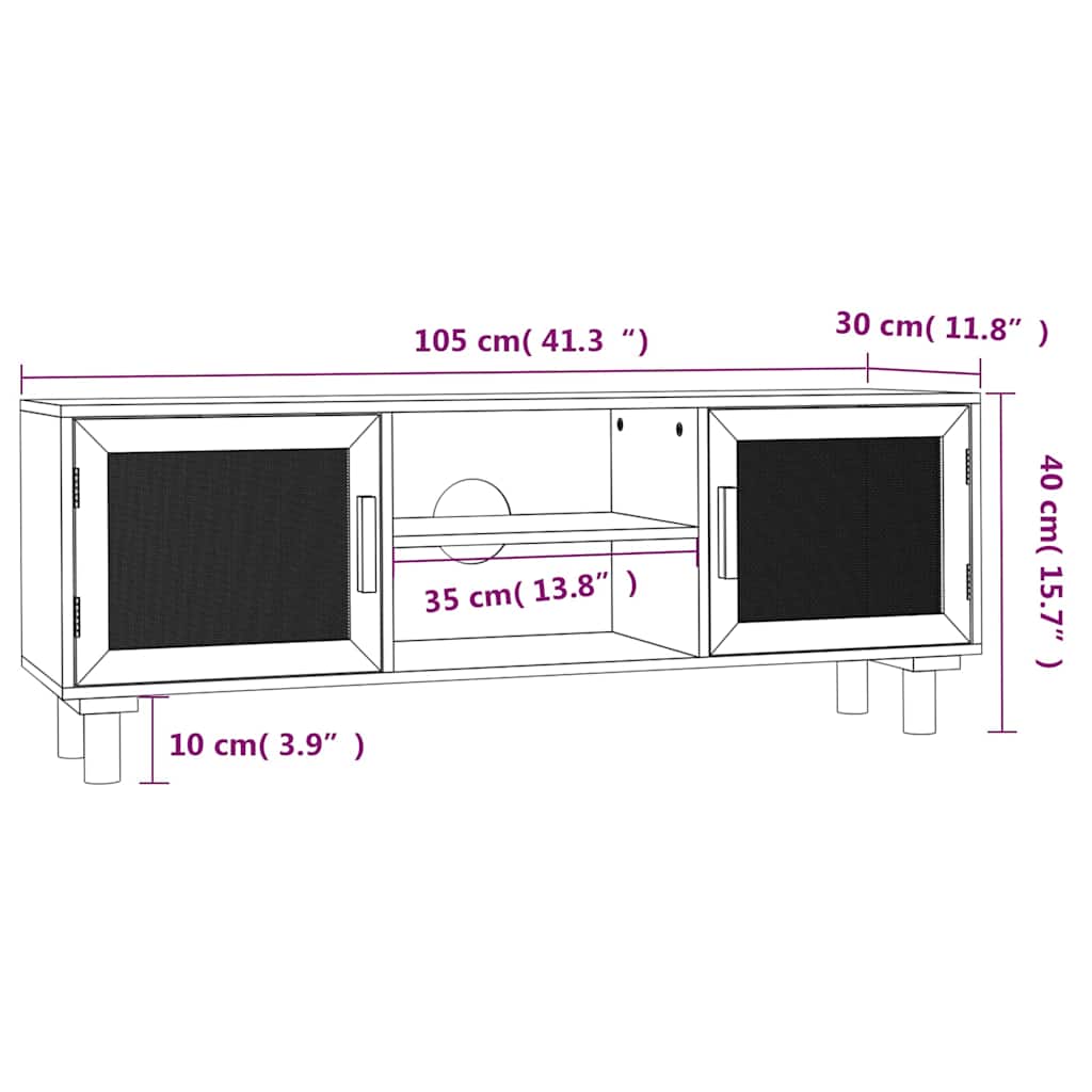 vidaXL TV cabinet 105x30x40 cm solid pine wood and rattan white