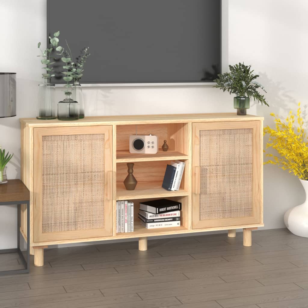 vidaXL Dressoir 105x30x60 cm massief grenenhout en rattan wit