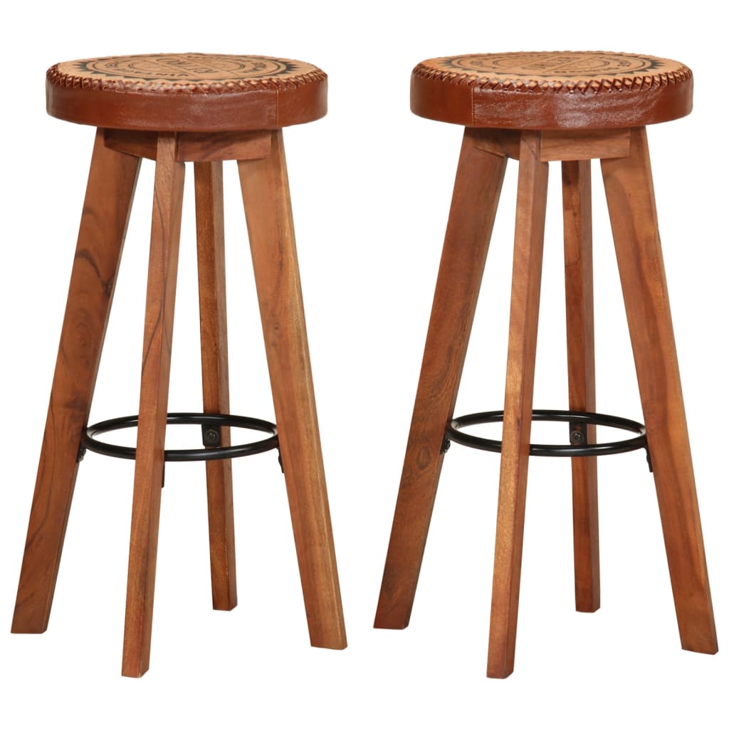 vidaXL Barstoelen 2 st echt leer en massief acaciahout