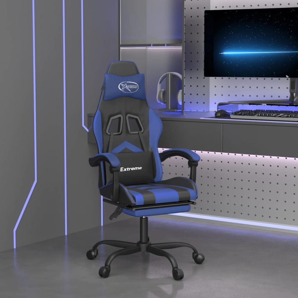 vidaXL Gamestoel draaibaar kunstleer zwart en blauw