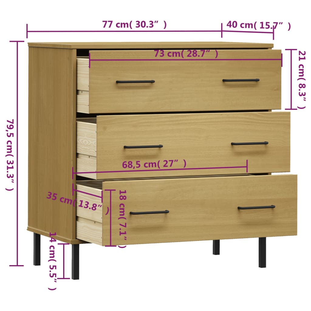 vidaXL Dressoir met 3 lades OSLO 77x40x79,5 cm grenenhout bruin