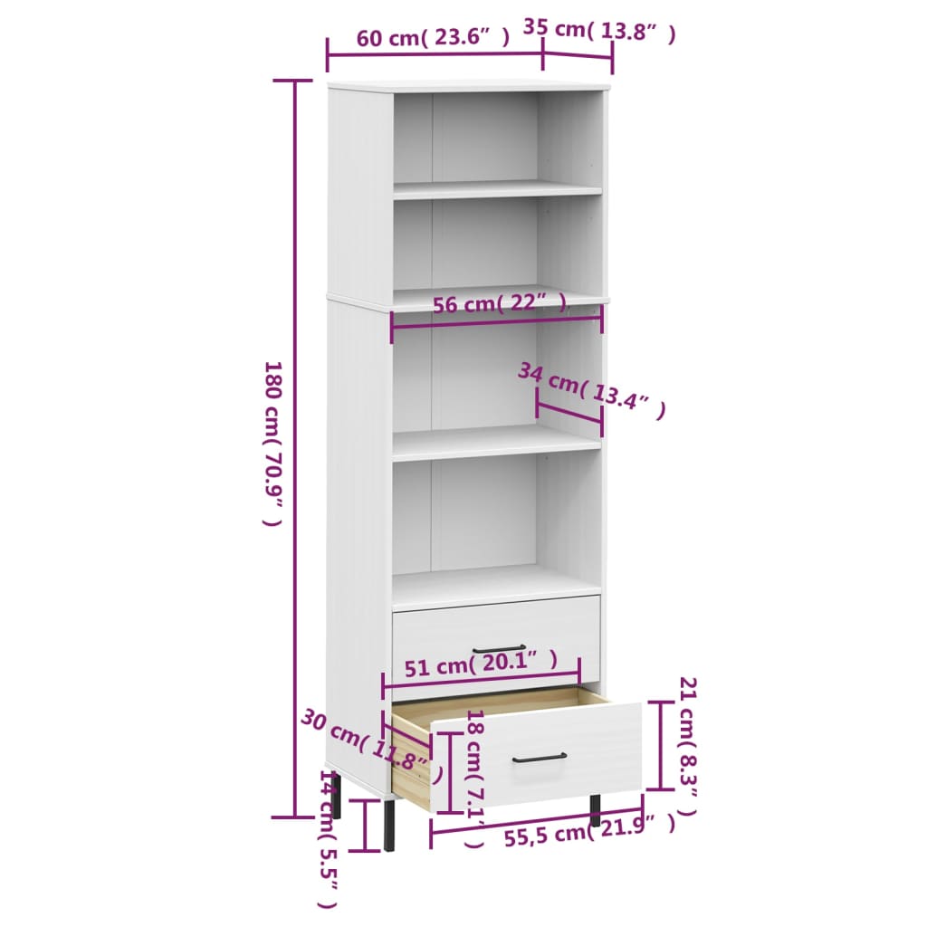vidaXL Bookcase with 2 Drawers OSLO 60x35x180 cm Solid Wood Brown