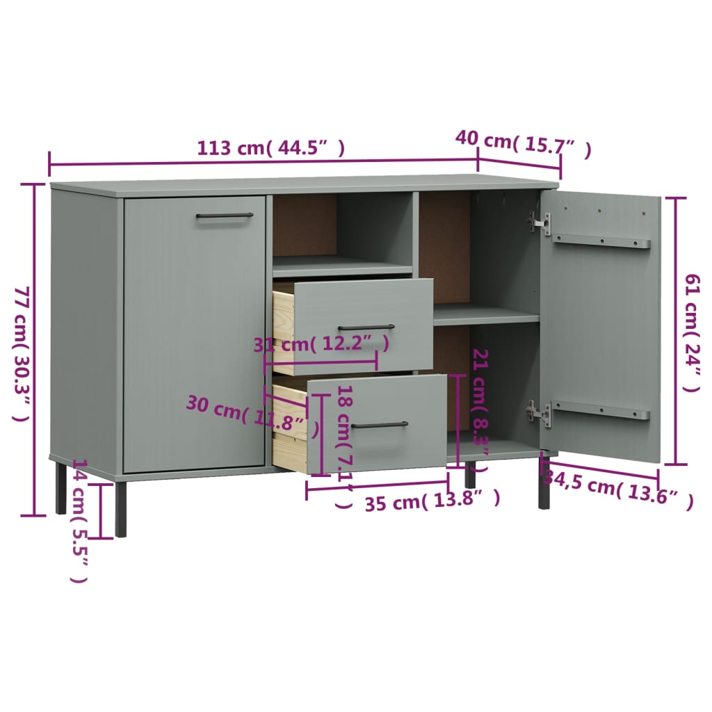 vidaXL Dressoir met metalen poten OSLO 113x40x77 cm grenenhout bruin