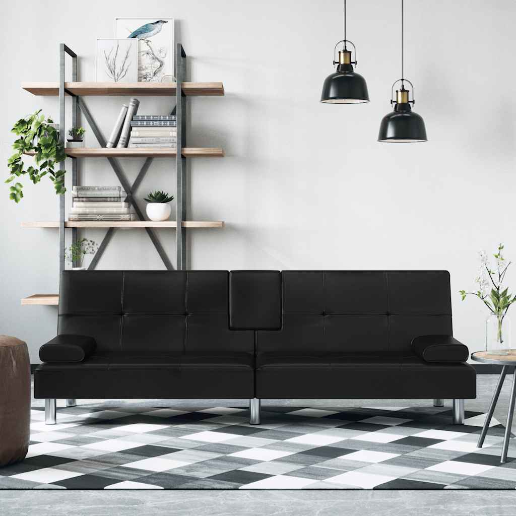 vidaXL Sofa Bed with Cup Holders Faux Leather Black