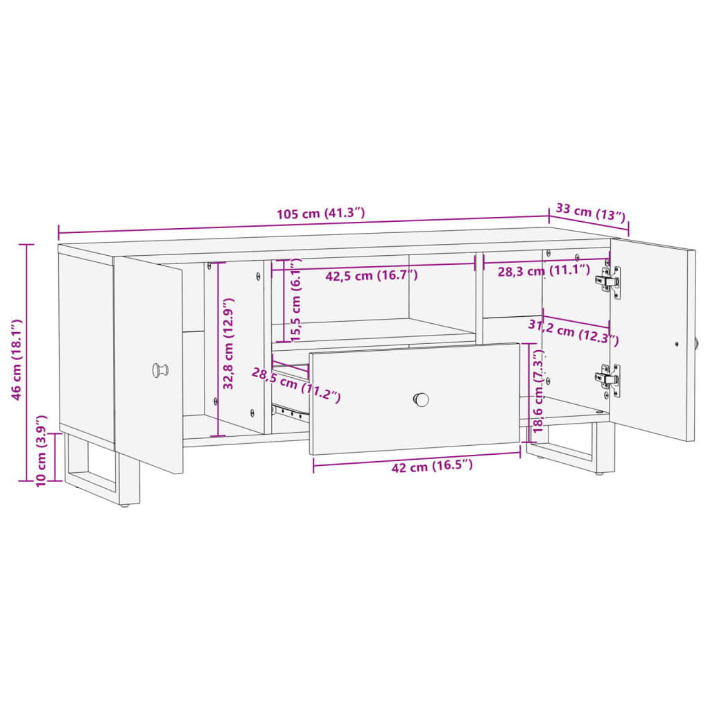 vidaXL Tv-meubel 105x33,5x46 cm massief mangohout en bewerkt hout