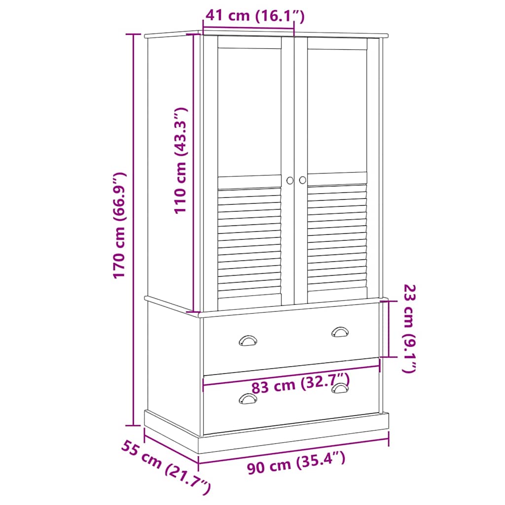 vidaXL Kledingkast VIGO 90x55x170 cm massief grenenhout