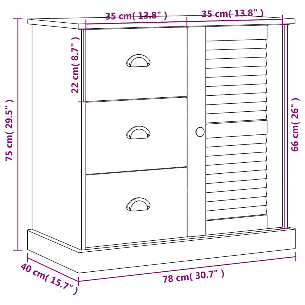 vidaXL Dressoir met lades VIGO 78x40x75 cm massief grenenhout