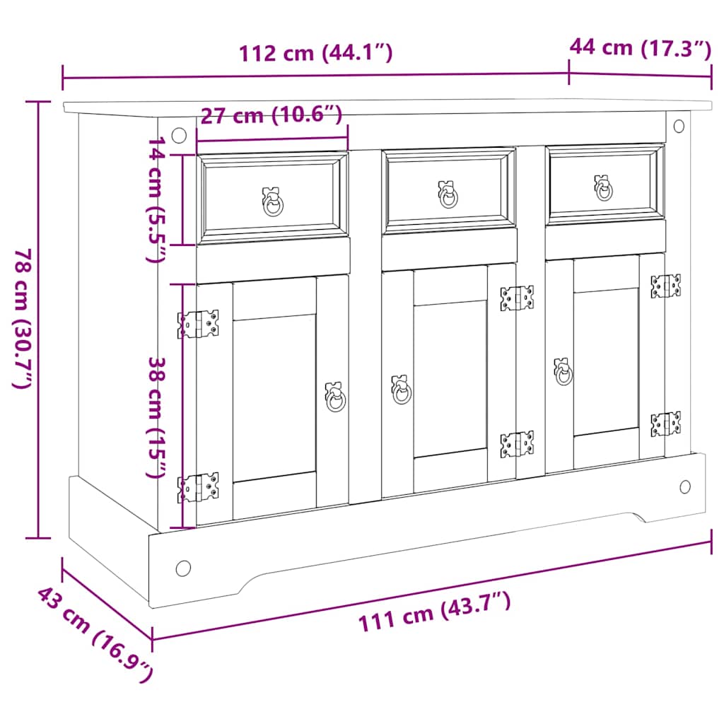 vidaXL Dressoir "Corona" Bruin 112x44x78 cm Massief Hout Mexicaans Dennenhout