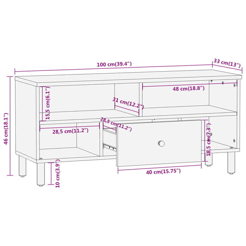 vidaXL Tv-meubel 100x33x46 cm massief mangohout zwart