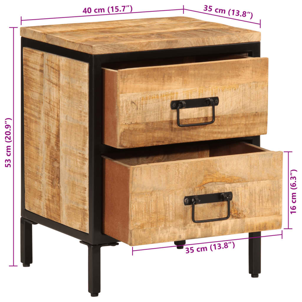 vidaXL Nightstand with 2 drawers 40x35x53 cm solid rough mango wood