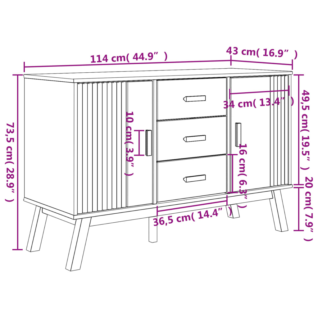 vidaXL Dressoir OLDEN 114x43x73,5 cm massief grenenhout bruin