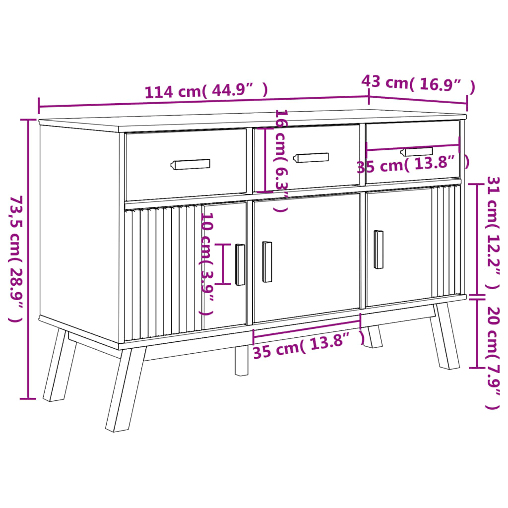 vidaXL Dressoir OLDEN 114x43x73,5 cm massief grenenhout bruin