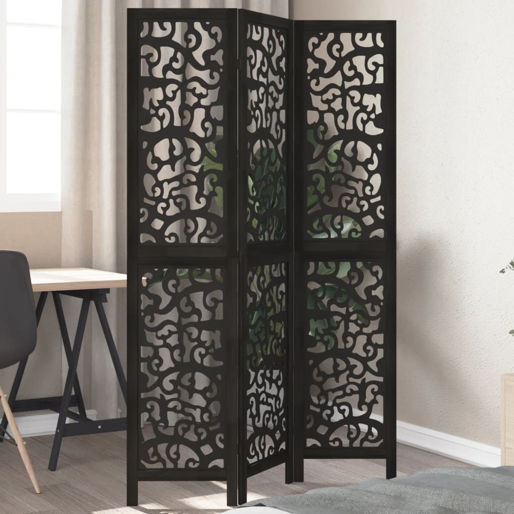 vidaXL 3-Panel Room Divider Solid Paulownia Wood Black