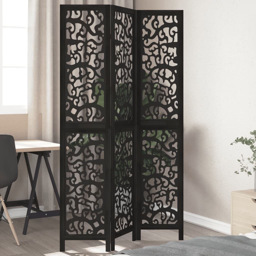 vidaXL 3-Panel Room Divider Solid Paulownia Wood Black