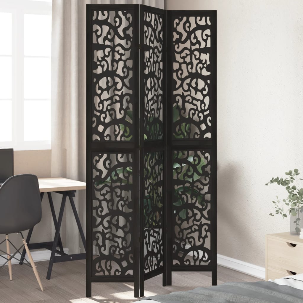 vidaXL 3-Panel Room Divider Solid Paulownia Wood Black