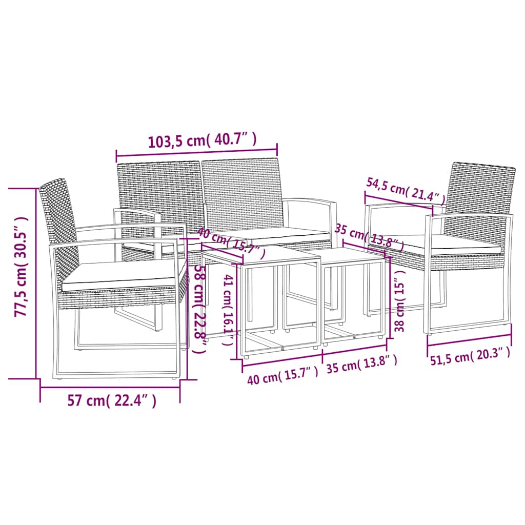 vidaXL 5-delige Tuinset met kussens polypropeen rattan zwart
