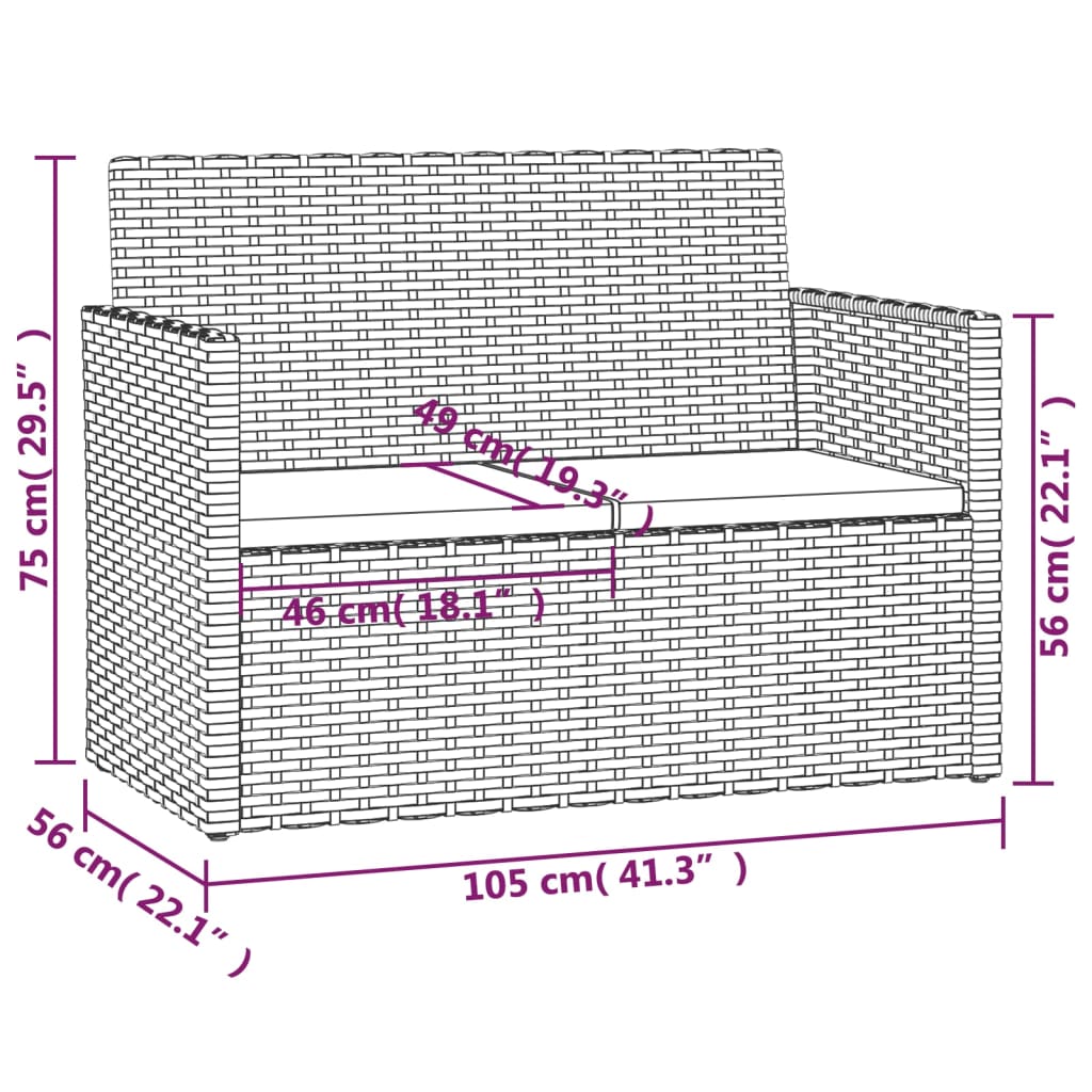 vidaXL Tuinbank met kussens 105 cm poly rattan zwart