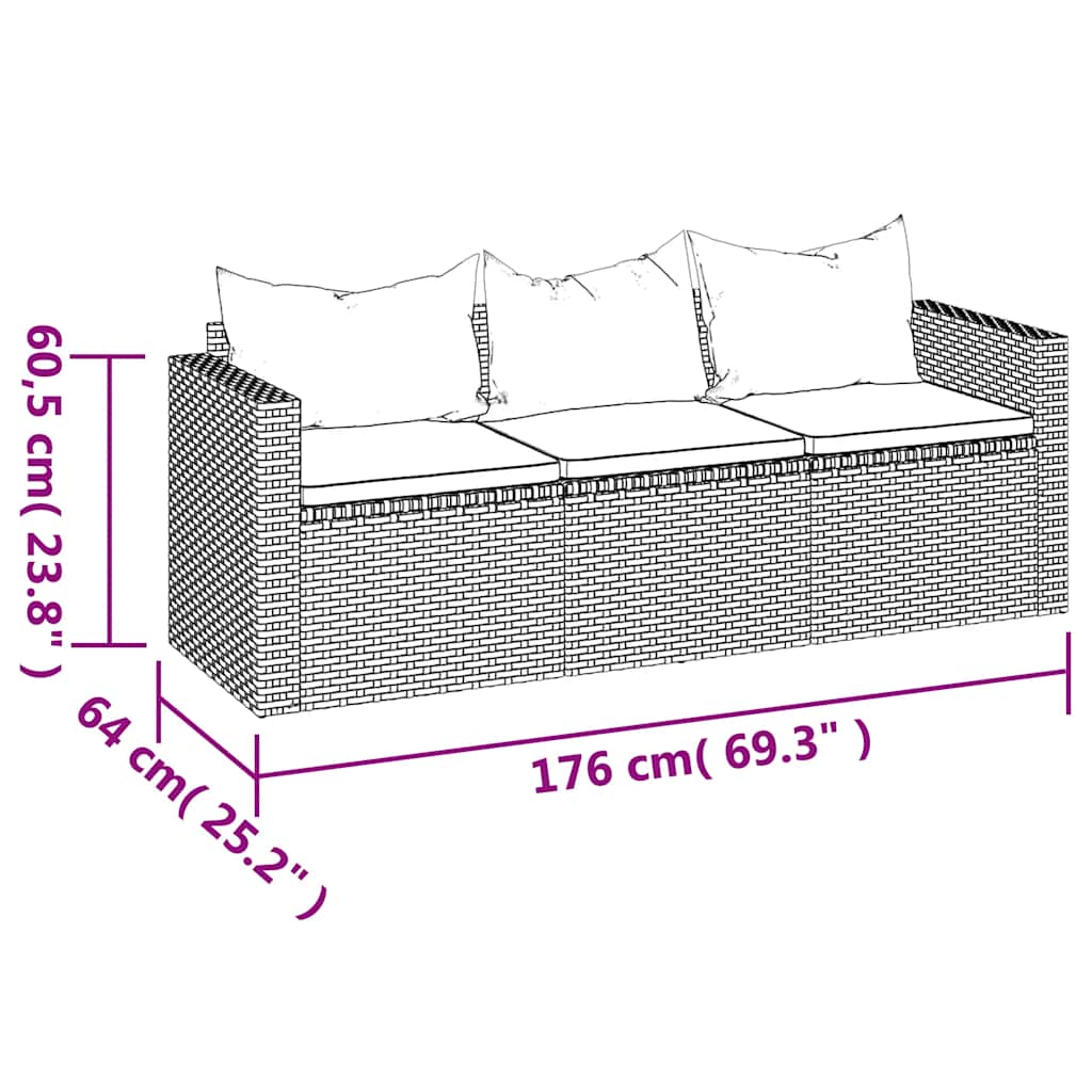 vidaXL Tuinbank 3-zits met kussens poly rattan bruin