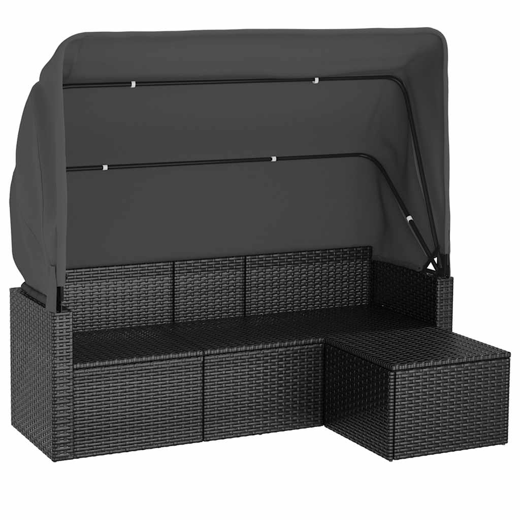 vidaXL Tuinbank 3-zits met dak en voetenbank poly rattan zwart