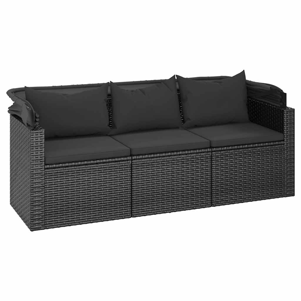 vidaXL Tuinbank 3-zits met dak en voetenbank poly rattan zwart