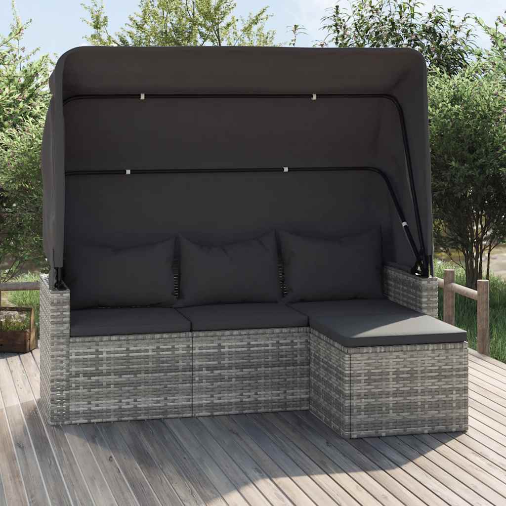vidaXL Tuinbank 3-zits met dak en voetenbank poly rattan zwart