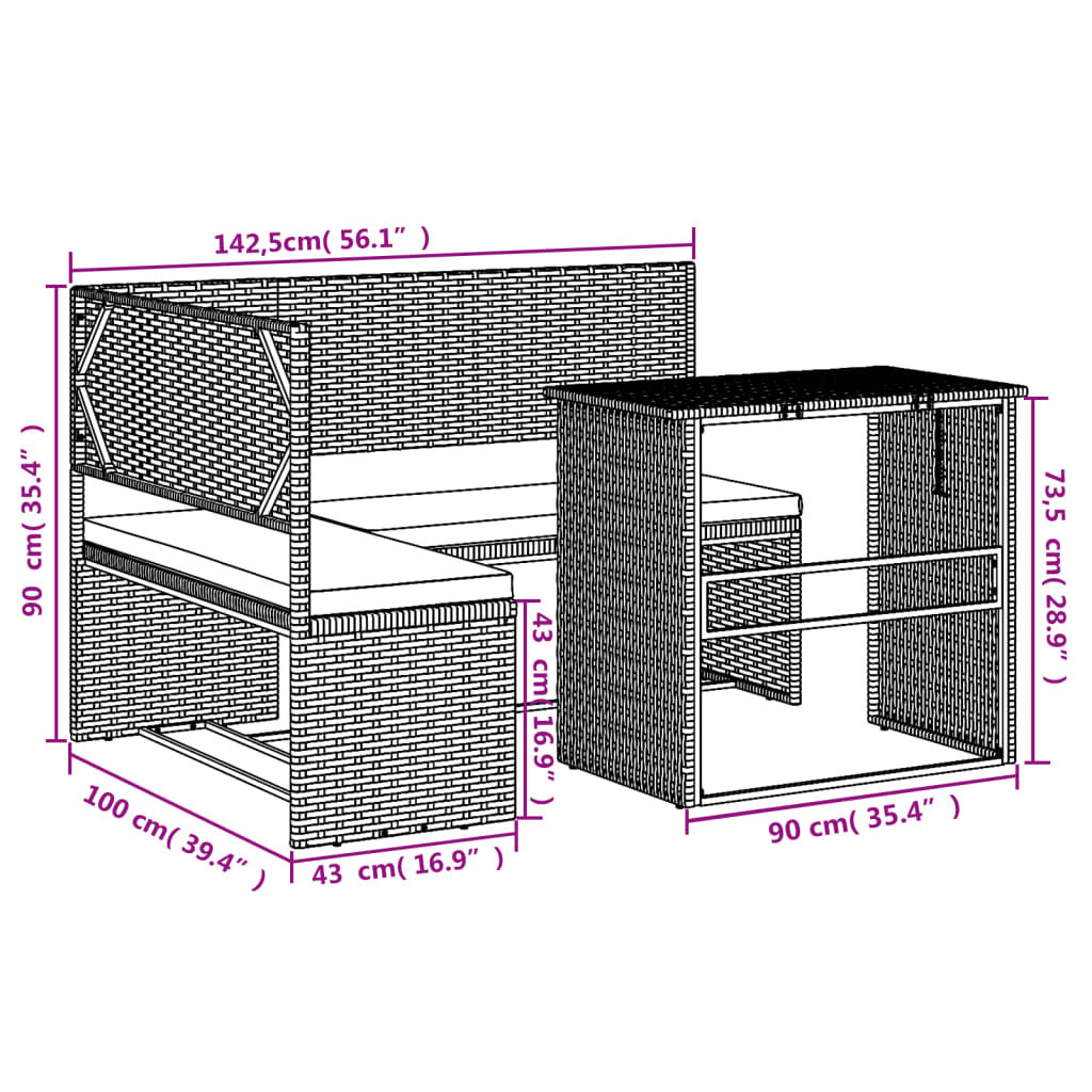 vidaXL Tuinbank met tafel en kussens L-vormig poly rattan bruin