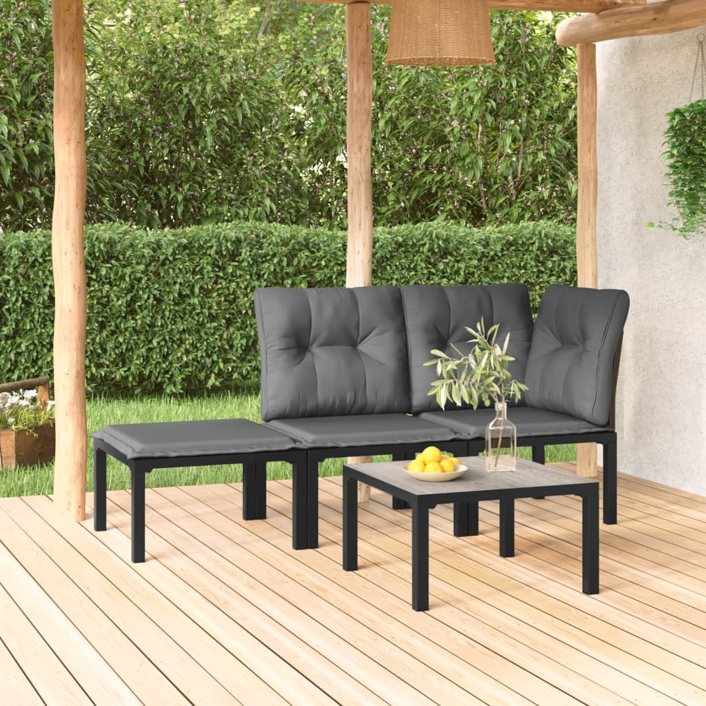 vidaXL Tuinhoekstoel met kussens poly rattan zwart en grijs