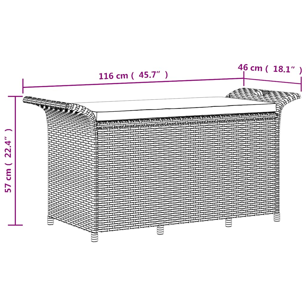 vidaXL Garden Bench with Cushion 116x46x57 cm Poly Rattan Brown