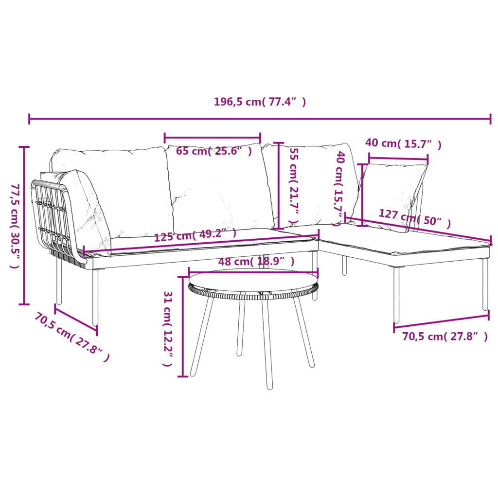 vidaXL 3-delige Loungeset met kussens poly rattan beige