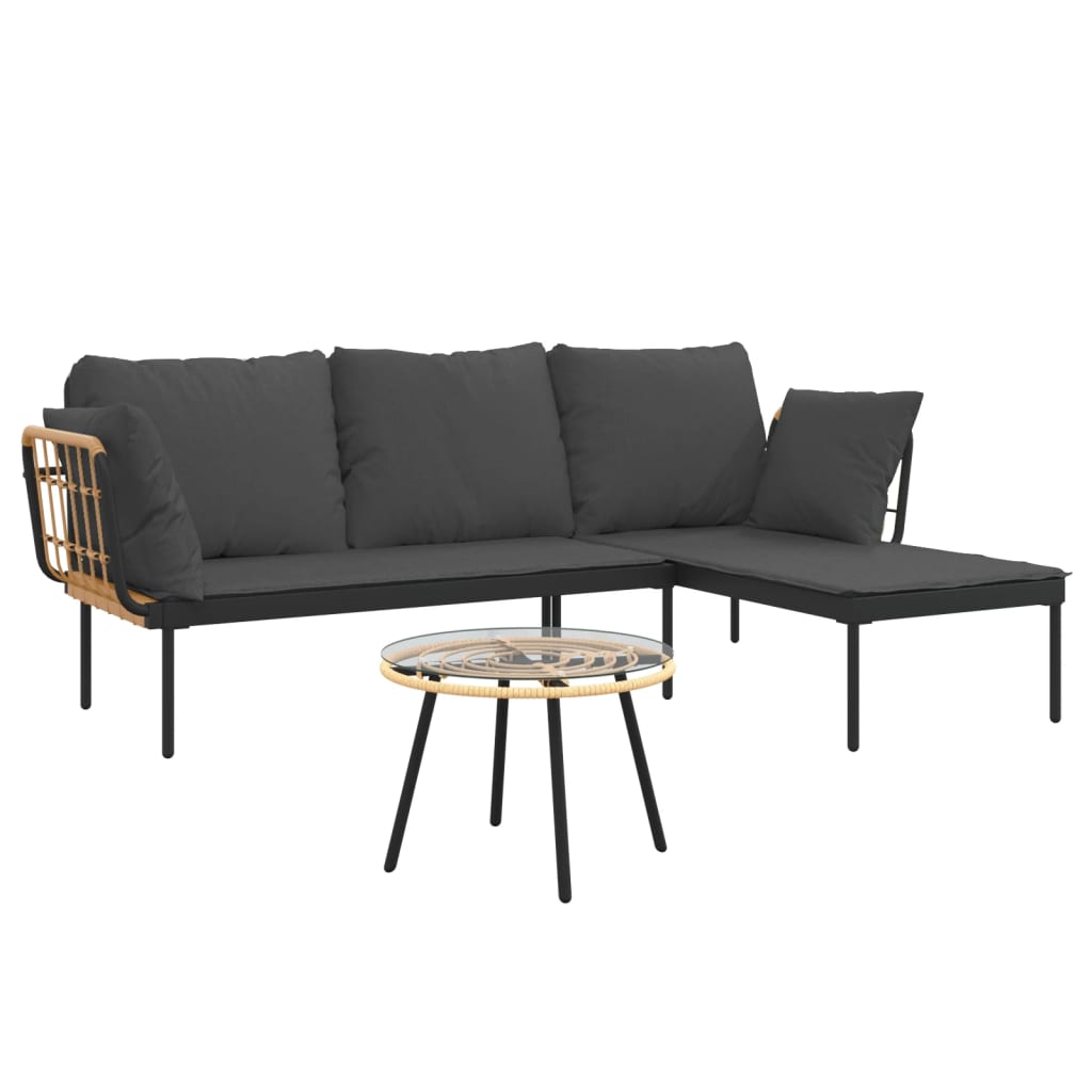 vidaXL 3-delige Loungeset met kussens poly rattan beige