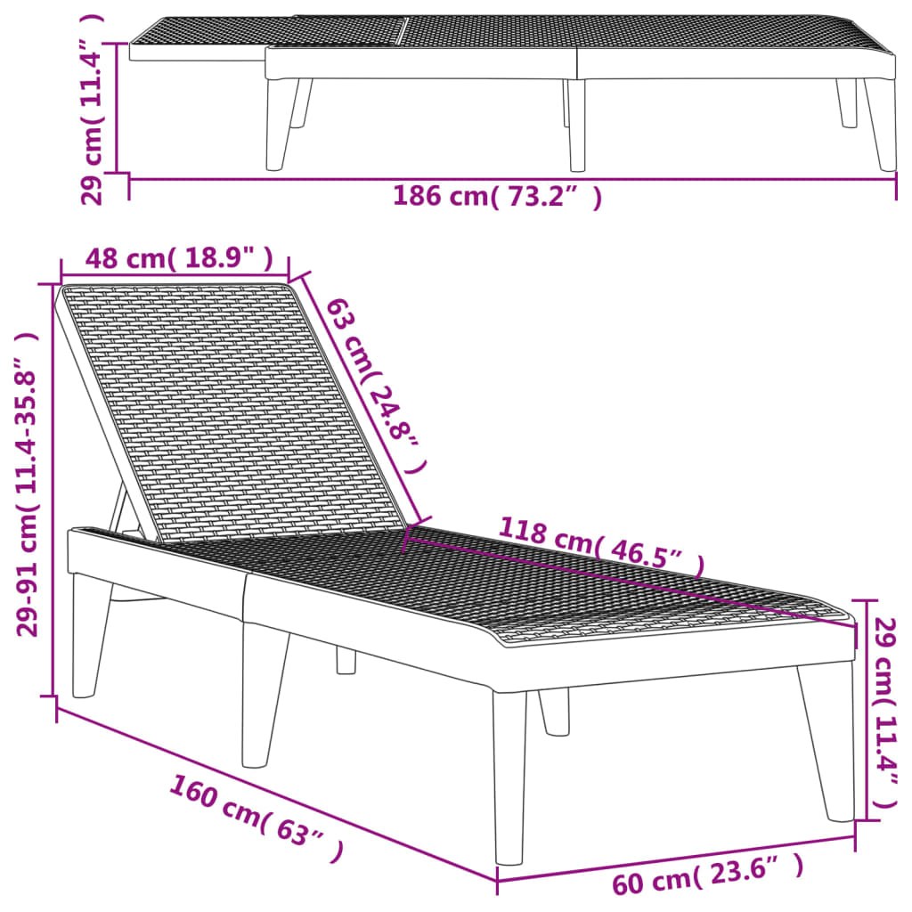 vidaXL Sun Lounger 186x60x29 cm Polypropylene White
